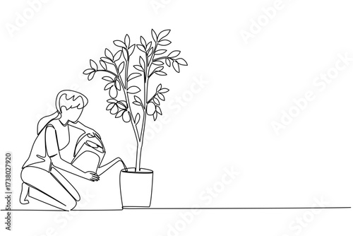 Continuous one line drawing a woman watering a lemon tree in a pot using a watering can. Give the best fertilizer then water it. Plant a Lemon Tree Day. Single line draw design vector illustration