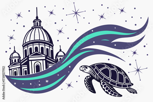 Sea Turtle and Dome Building with Stars ocean marine life