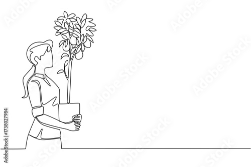 Single continuous line drawing  a young woman holding a lemon tree in a pot that is already bearing fruit. A satisfying harvest. Freshness. Plant a Lemon Tree Day. One line design vector illustration