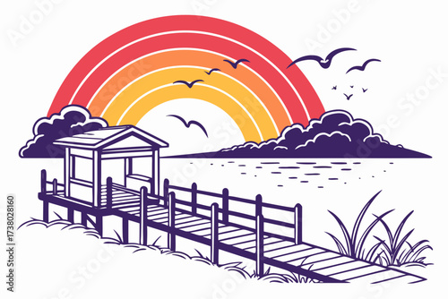 Seaside dock with rainbow sunset and birds pier ocean