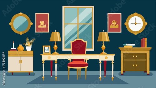 A home office adorned with opulent furnishings including a lacquered desk and goldframed art pieces.