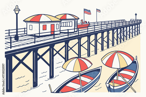 Seaside pier with boats and beach umbrellas vector