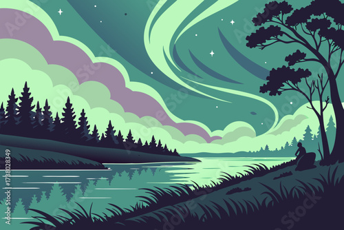 Silhouette person watching aurora over lake and forest