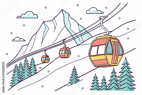Ski resort cable cars ascend snowy mountain gondola