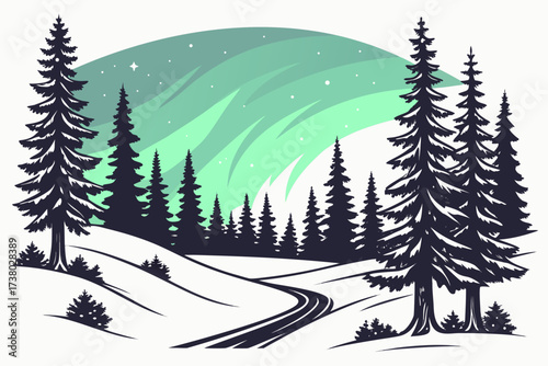 Snowy forest under colorful aurora borealis winter