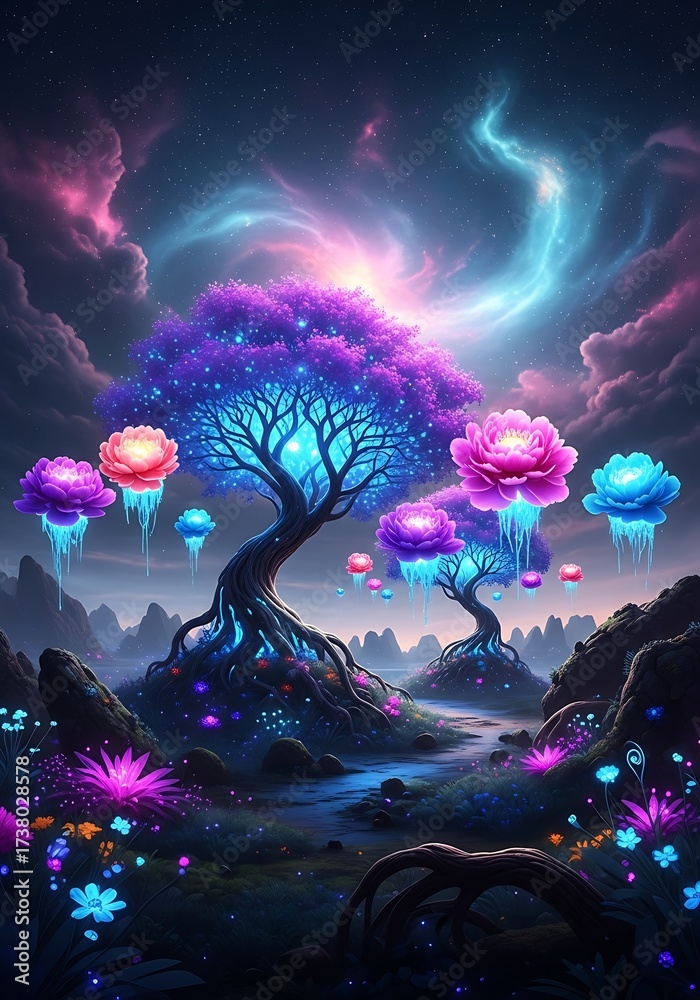 Fototapeta premium Enchanted cosmic landscape featuring vibrant flora and celestial ambiance
