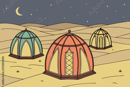 Three colorful desert tents under a starry night sky
