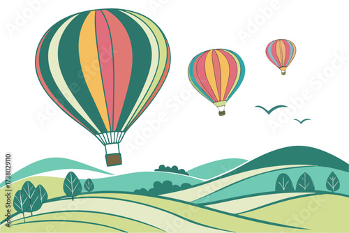 Three colorful hot air balloons over rolling hills