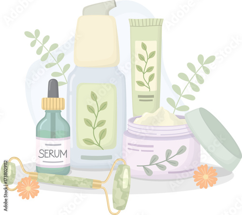 Illustration of skincare still life with cream tube, facial cleansing foam, jade roller, jar of face cream, and serum bottle. Composition with cosmetics, leaves and flowers