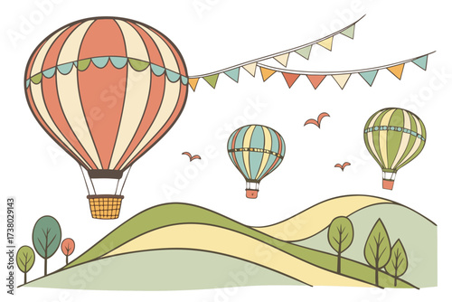 Three hot air balloons flying over rolling hills festival