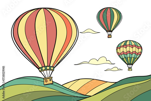 Three hot air balloons over rolling hills flight travel