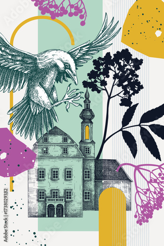 Collage-style architectural poster. Hand drawn castle illustration. Abstract print design with botanical and geometric elements. NOT AI generated