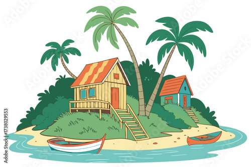 Tropical island with colorful huts and boats on white background 1