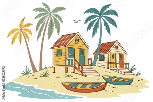 Tropical island with colorful huts and boats on white background