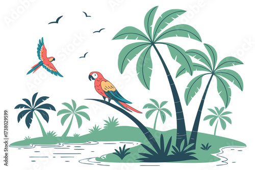 Tropical island with parrots and palm trees macaw