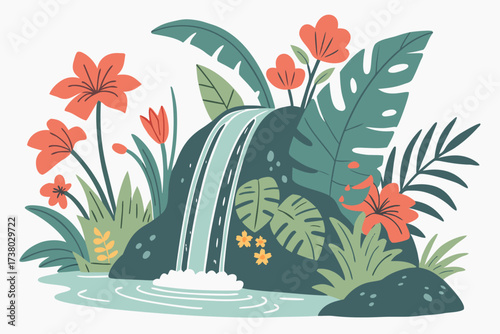 Tropical waterfall with coral flowers and lush green foliage