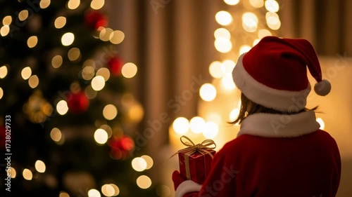 A Young Girl Dressed in a Traditional Santa Costume Holding a Christmas Gift While Gazing at a Beautifully Decorated Holiday Tree with Warm Lights in a Cozy Atmosphere
