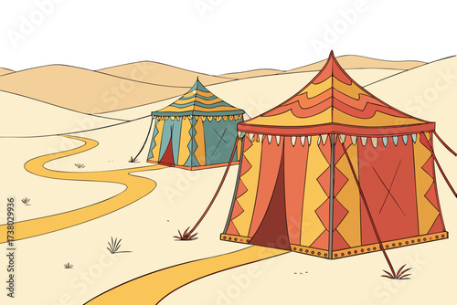Two colorful desert tents on sandy dunes caravan travel