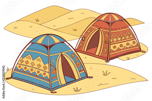 Two colorful desert tents on sand dunes camping travel