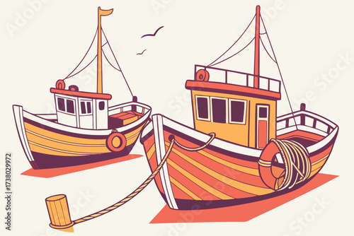 Two colorful fishing boats moored at a harbor nautical