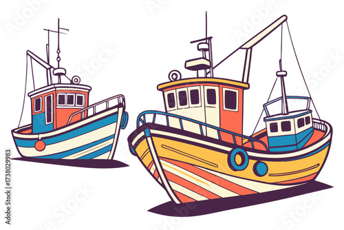 Two colorful fishing boats on a white background vessel