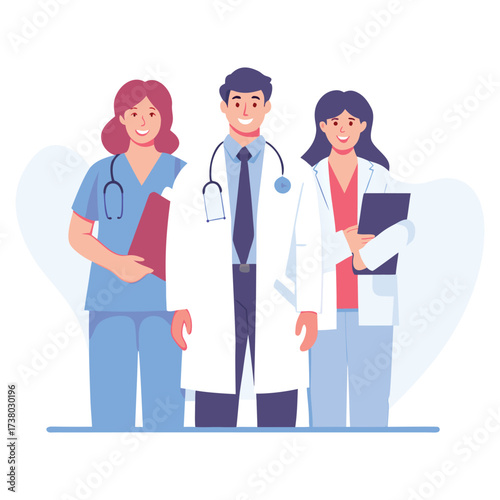 Diverse team of smiling doctors and nurses in medical scrubs and lab coats