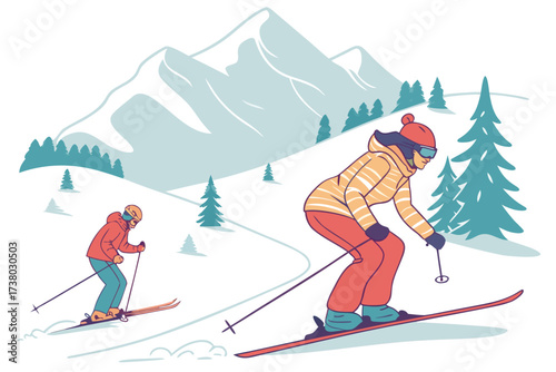 Two skiers descending a snowy mountain slope skiing