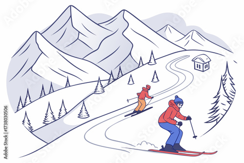 Two skiers descending a snowy mountain with trees and a cabin