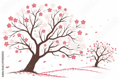 Two stylized cherry blossom trees with pink and white petals