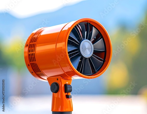 Orange portable fan with a visible motor
