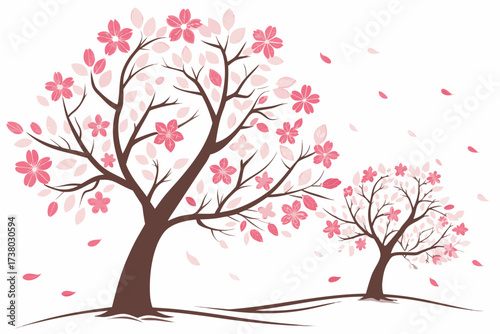 Two stylized cherry blossom trees with pink petals