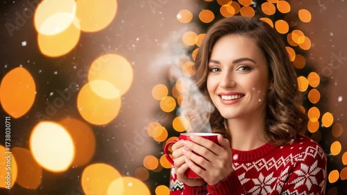 A young adult Caucasian woman in a festive sweater holds a steaming cup of coffee, smiling warmly against a backdrop of glowing holiday lights and falling snowflakes.