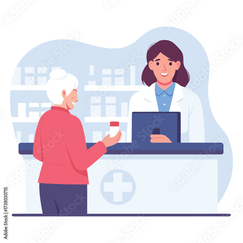 Pharmacist helping elderly woman with medication at pharmacy counter