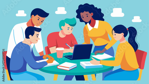 A group of students can be seen working together at a table collaborating and studying for an upcoming exam.