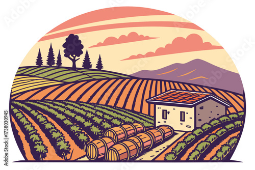 Vineyard landscape with farmhouse and wine barrels at sunset