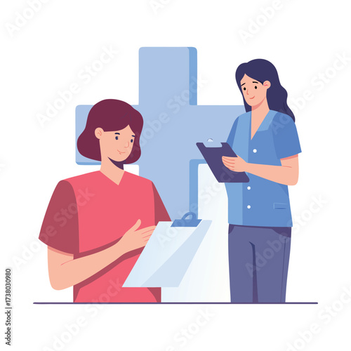 Two healthcare professionals in scrubs reviewing patient charts with a medical cross in the background