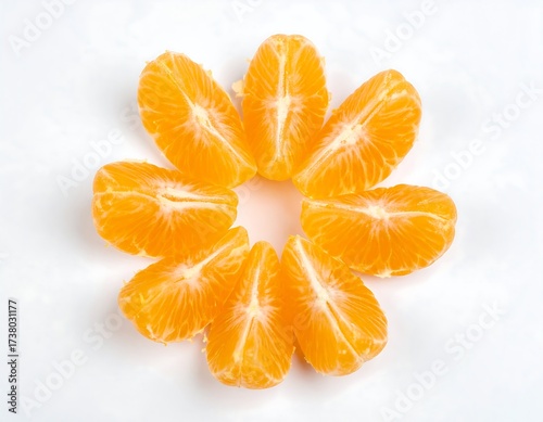 Orange slices arranged in a flower pattern on white background