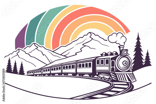 Vintage Train Journey Through Mountains Under Rainbow Sky