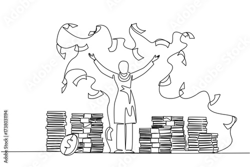 Single one line drawing back view, Arab woman stands with arms outstretched and throws the banknotes. Celebrating achievements. Rich. Be a Millionaire Day. Continuous line design graphic illustration