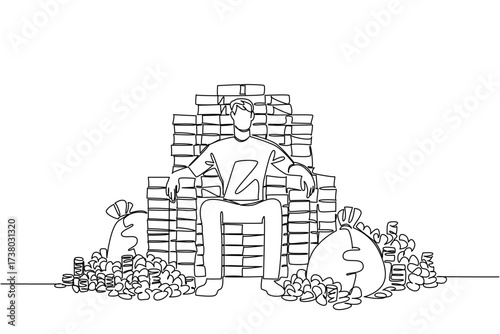 Continuous one line drawing a man sits on pile of banknotes and money bags that form throne of a king. The pinnacle of achievement. Be a Millionaire Day. Single line draw design vector illustration
