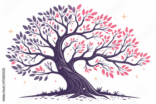 Whimsical tree with purple and pink leaves and glowing stars 1