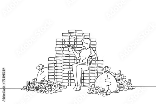Single one line drawing a woman sits on pile of banknotes and money bags that form throne of a king. The pinnacle of success. Wealth. Be a Millionaire Day. Continuous line design graphic illustration