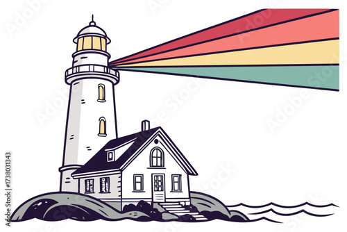 White lighthouse with colorful beams on rocks beacon