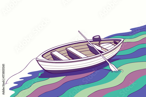 White rowboat with oar on colorful wavy water vector