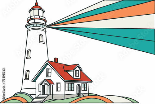 White lighthouse with red roof house and colorful beams