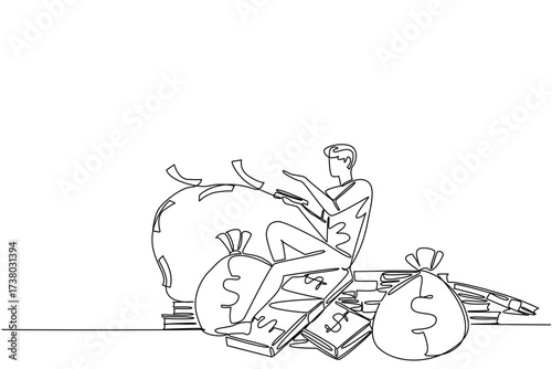 Single one line drawing a man sitting on a pile of banknotes and money bag while throwing banknotes. Waste a lot of money. Careless. Be a Millionaire Day. Continuous line design graphic illustration