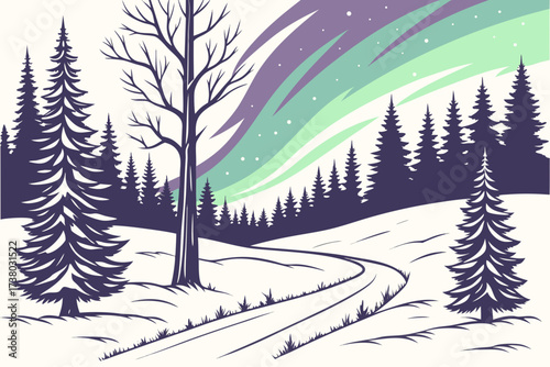 Winter forest landscape with aurora borealis and winding path
