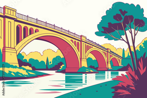 Yellow and red arched bridge over a teal river water