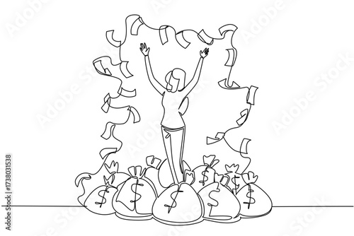 Single one line drawing woman standing on pile of money bags while throwing banknotes. Benefits beyond reason. Successful investment. Be a Millionaire Day. Continuous line design graphic illustration