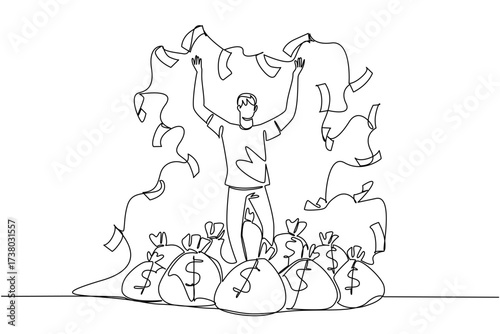 Single continuous line drawing a young man standing on a pile of money bags while throwing banknotes. A very satisfying achievement. Cheerful. Be a Millionaire Day. One line design vector illustration
